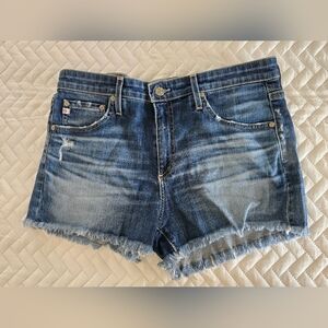 Ag Adriano Goldschmied Distressed Medium Blue Denim Cutoff Shorts
